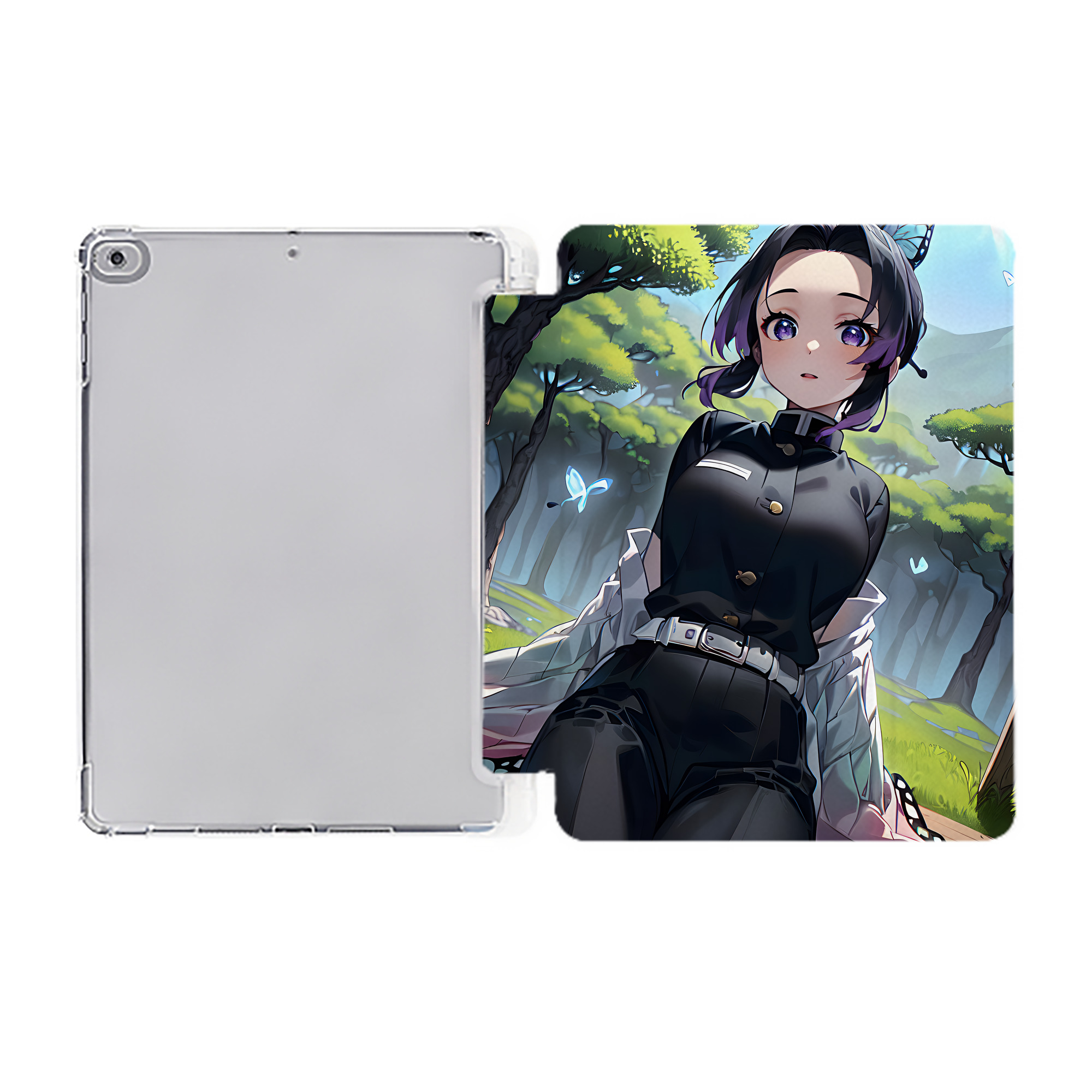 （画像用） 鬼滅の刃（きめつのやいば）蟲柱-胡蝶 しのぶ／こちょう しのぶ Kochou Shinobu IPad ケース ペン収納付き 三つ折りスタンド PUレザー×シリコン 対応機種9.5/10.5/10.9インチ